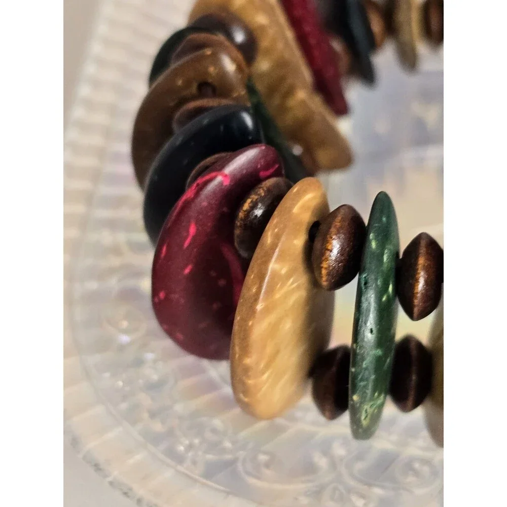 Vintage Stretch Bracelet Multicolor Shell Wood Beaded Boho Tropical Shell Tribal